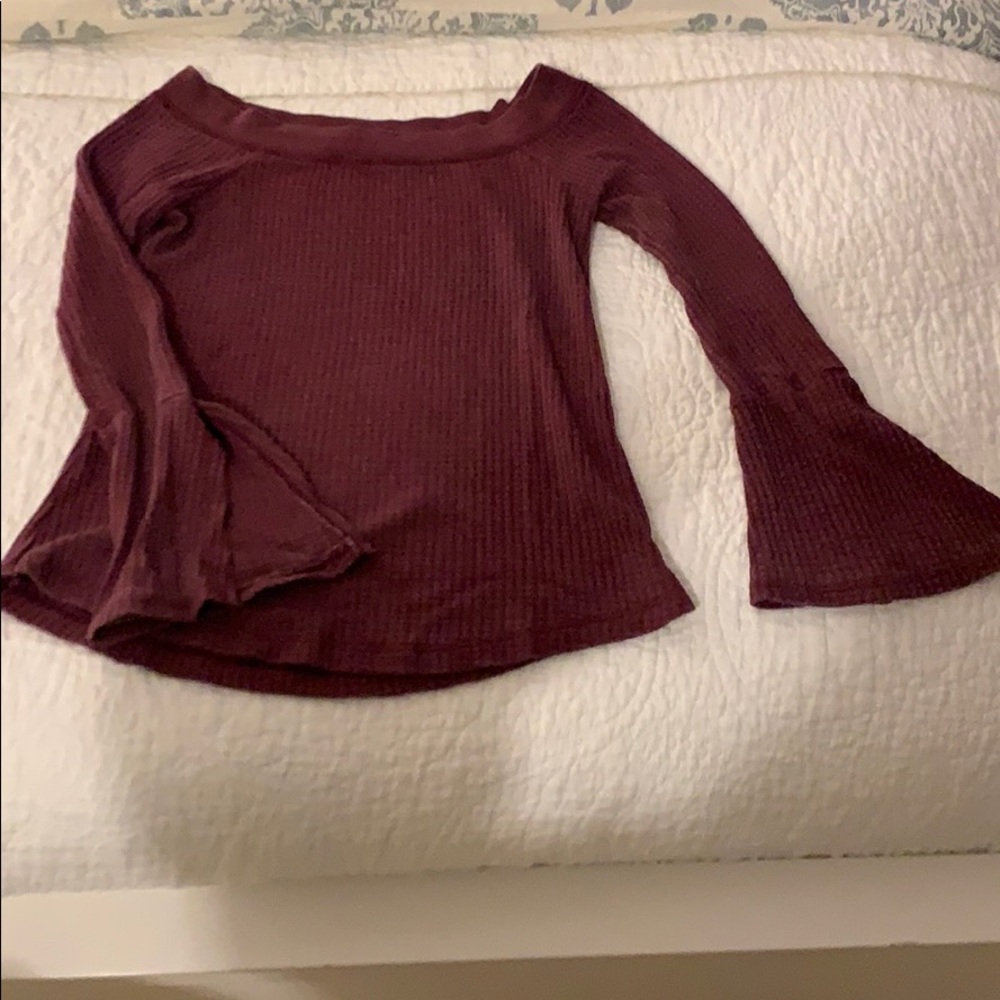 Off the Shoulder Bell Sleeve Waffle Knit Top